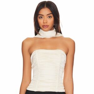 Lioness Revolve Island Bodice Cornsilk Ruched Satin Strapless Neck Tie Top NWT